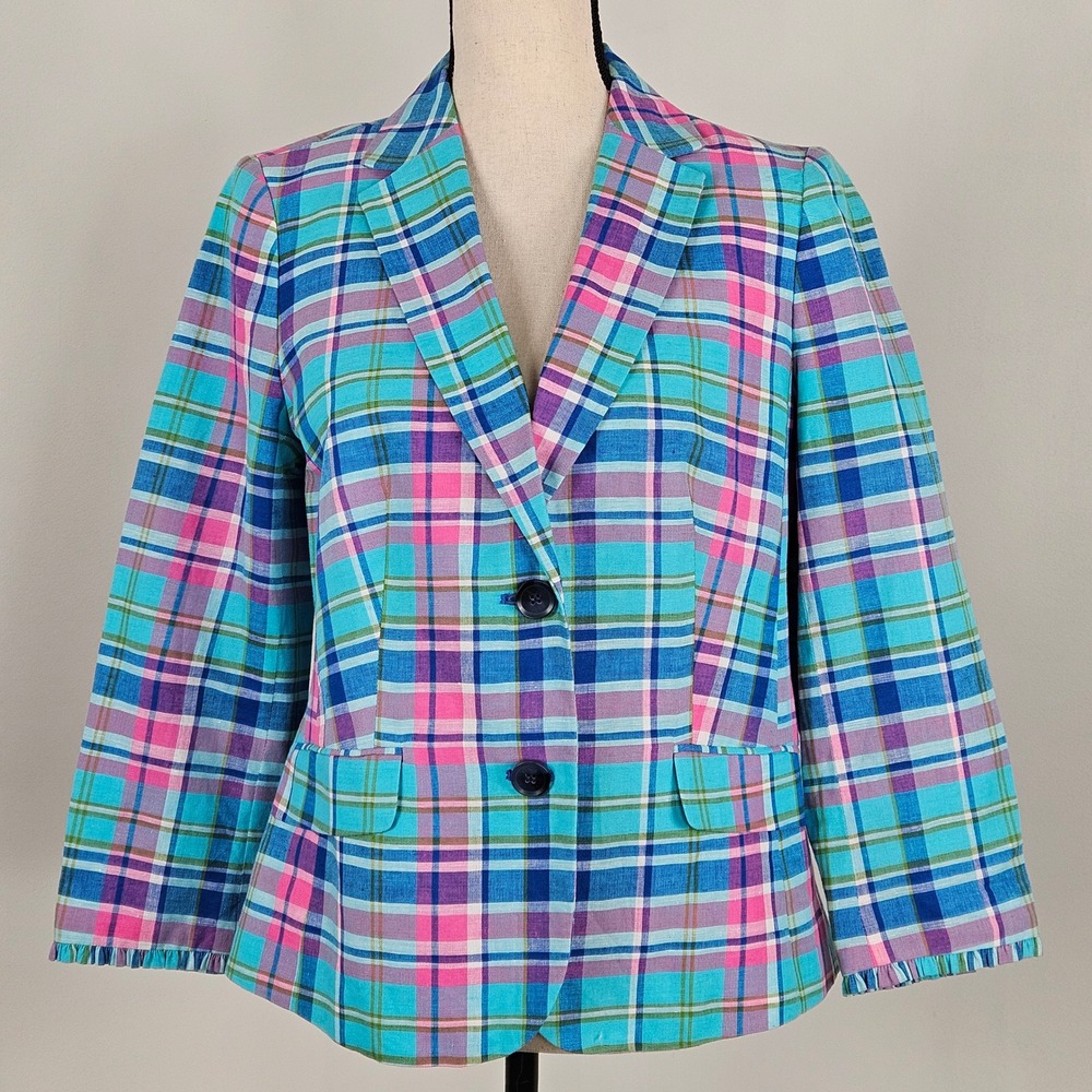 Talbots Blazer Womens 6 Blue Pink Plaid Linen Cotton Blend Ruffle Cuff